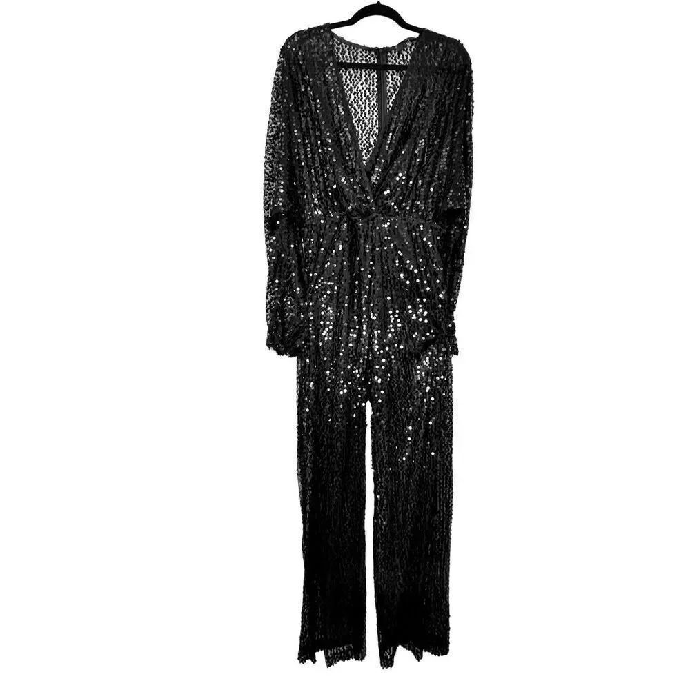 Missguided Surplice Wrap Long Sleeve Back Zip Sequin Jumpsuit Black Medium